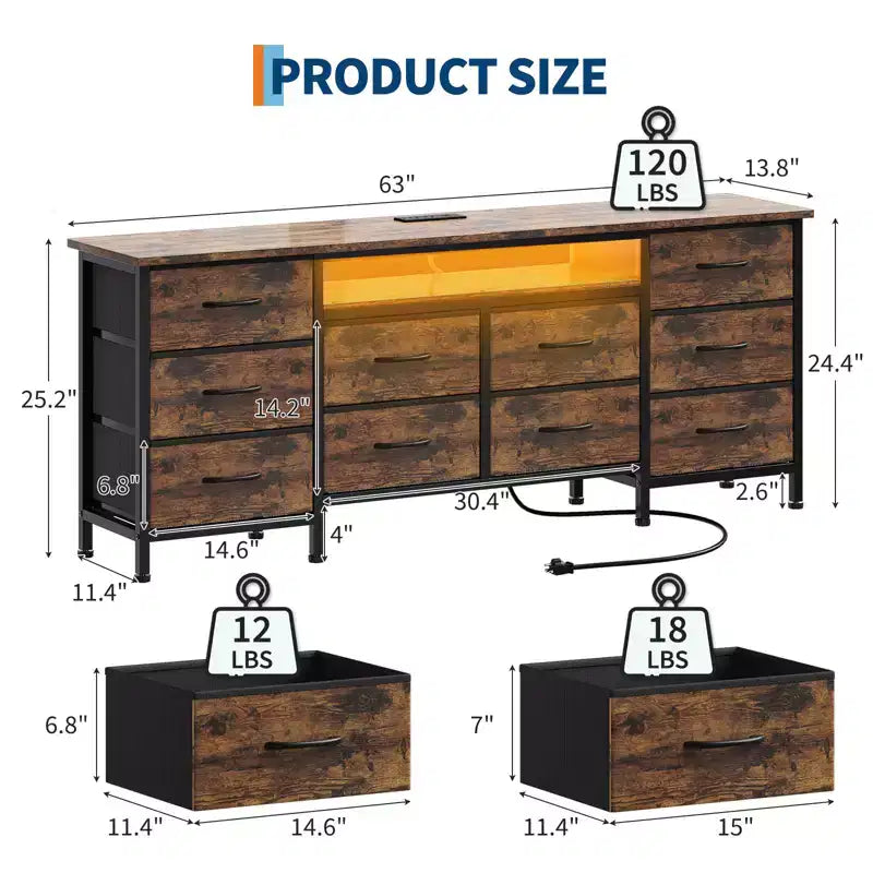 Commode de 160 cm avec 10 tiroirs en tissu, prise électrique, éclairage LED et support TV pour téléviseurs de 65 à 75 pouces