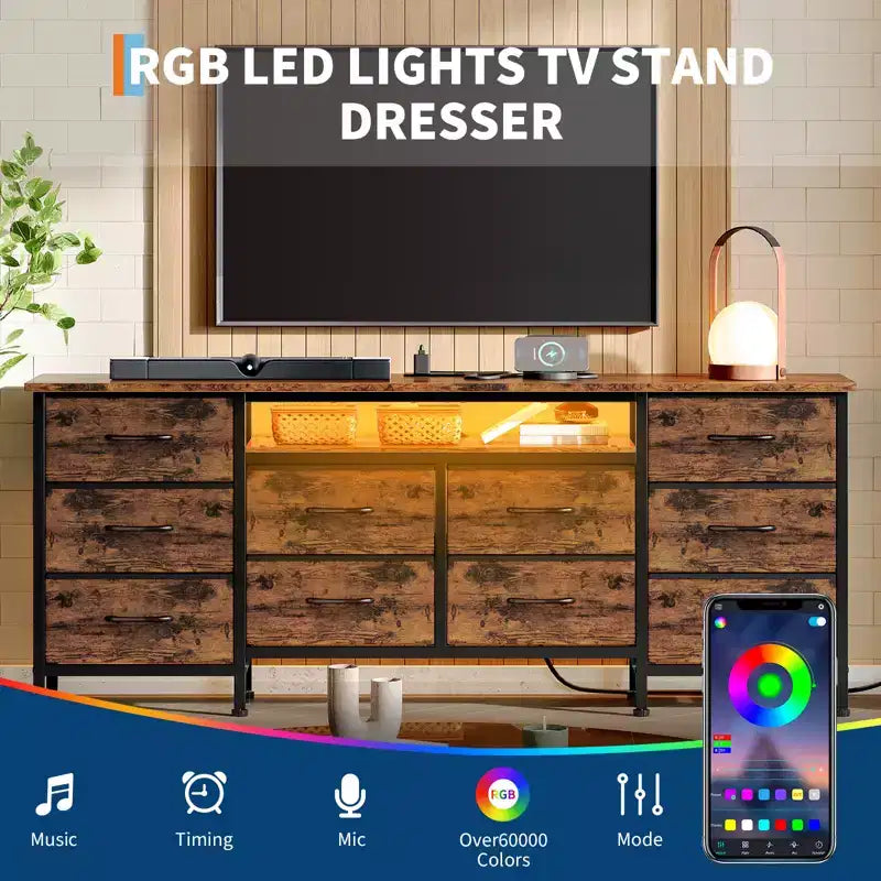 Commode de 160 cm avec 10 tiroirs en tissu, prise électrique, éclairage LED et support TV pour téléviseurs de 65 à 75 pouces