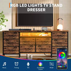 Commode de 160 cm avec 10 tiroirs en tissu, prise électrique, éclairage LED et support TV pour téléviseurs de 65 à 75 pouces