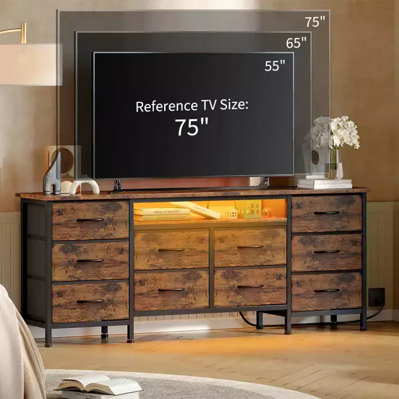 Commode de 160 cm avec 10 tiroirs en tissu, prise électrique, éclairage LED et support TV pour téléviseurs de 65 à 75 pouces