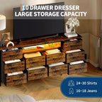 Commode de 160 cm avec 10 tiroirs en tissu, prise électrique, éclairage LED et support TV pour téléviseurs de 65 à 75 pouces