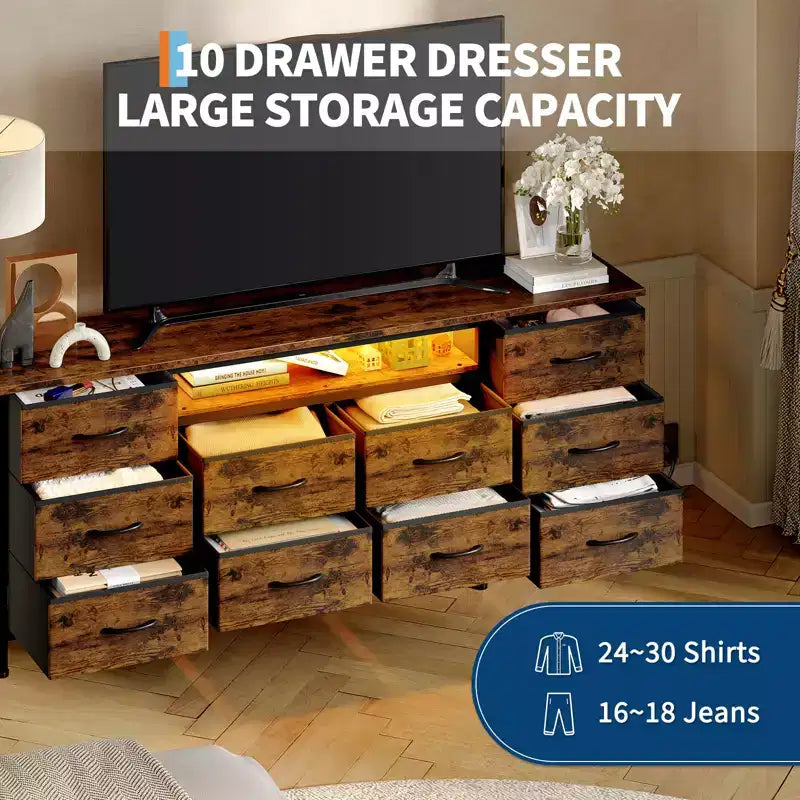 Commode de 160 cm avec 10 tiroirs en tissu, prise électrique, éclairage LED et support TV pour téléviseurs de 65 à 75 pouces
