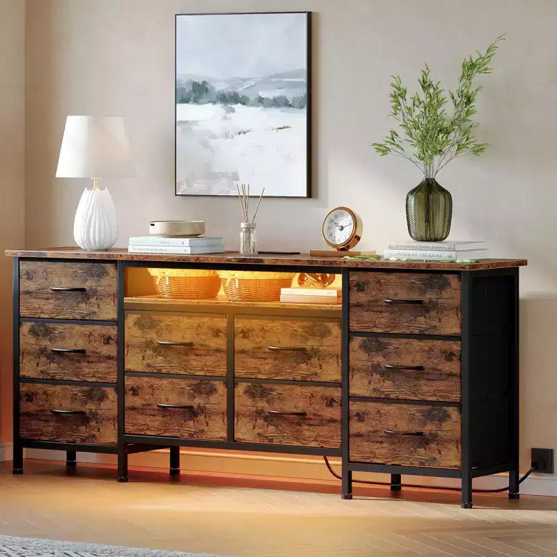 Commode de 160 cm avec 10 tiroirs en tissu, prise électrique, éclairage LED et support TV pour téléviseurs de 65 à 75 pouces