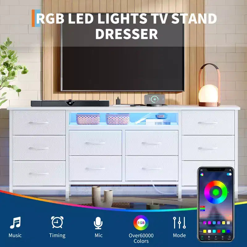 Commode de 160 cm avec 10 tiroirs en tissu, prise électrique, éclairage LED et support TV pour téléviseurs de 65 à 75 pouces