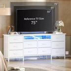 Commode de 160 cm avec 10 tiroirs en tissu, prise électrique, éclairage LED et support TV pour téléviseurs de 65 à 75 pouces