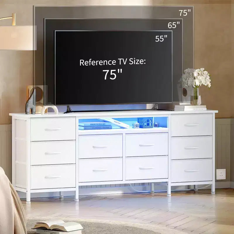 Commode de 160 cm avec 10 tiroirs en tissu, prise électrique, éclairage LED et support TV pour téléviseurs de 65 à 75 pouces