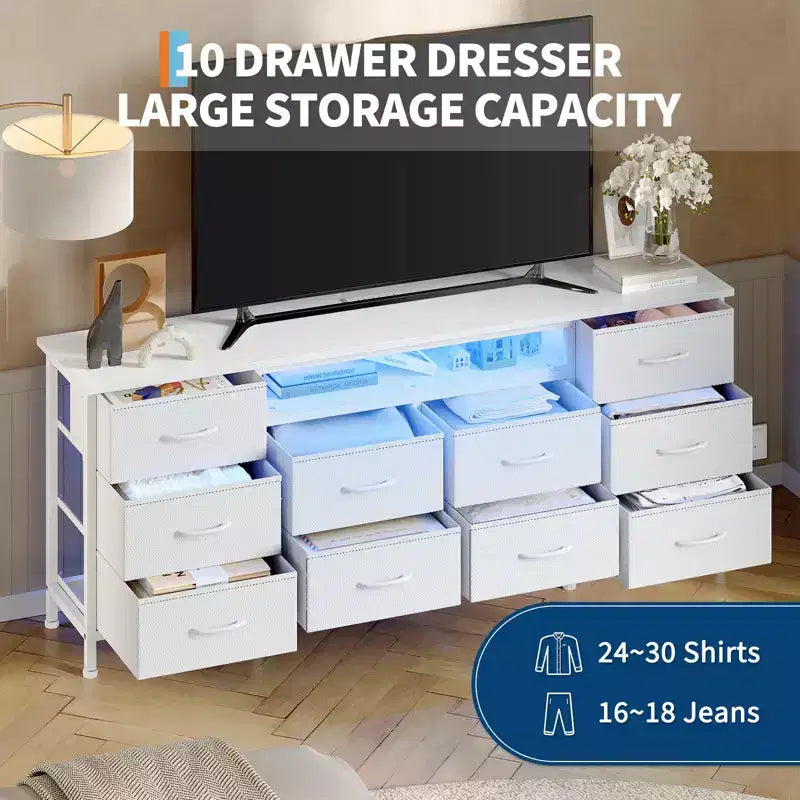 Commode de 160 cm avec 10 tiroirs en tissu, prise électrique, éclairage LED et support TV pour téléviseurs de 65 à 75 pouces