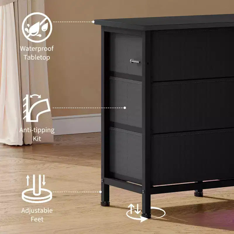 Commode de 160 cm avec 10 tiroirs en tissu, prise électrique, éclairage LED et support TV pour téléviseurs de 65 à 75 pouces