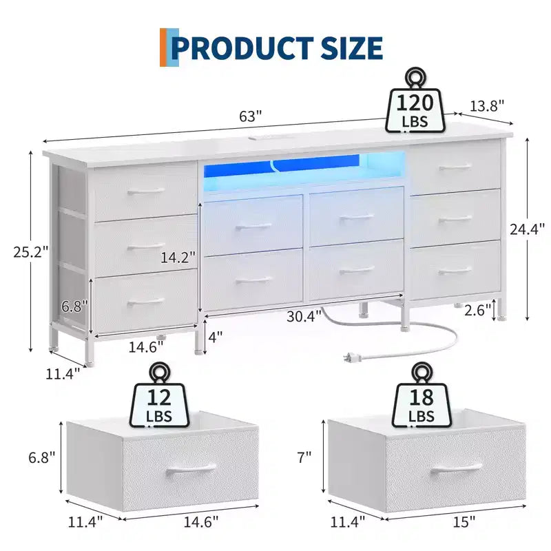 63-Inch Dresser with 10 Fabric Drawers, Power Outlet, LED Light and TV Stand for 65–75 Inch TVs