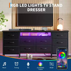 Commode de 160 cm avec 10 tiroirs en tissu, prise électrique, éclairage LED et support TV pour téléviseurs de 65 à 75 pouces