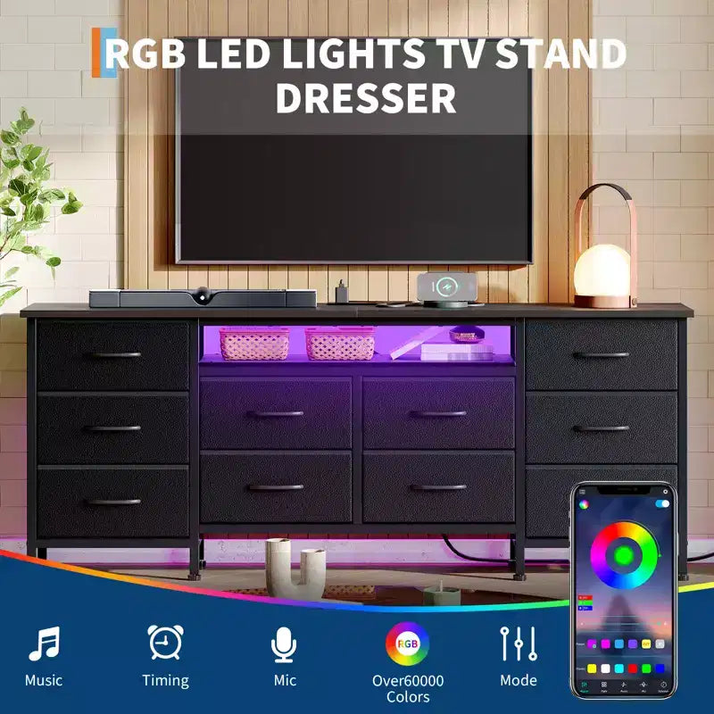 Commode de 160 cm avec 10 tiroirs en tissu, prise électrique, éclairage LED et support TV pour téléviseurs de 65 à 75 pouces