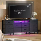 Commode de 160 cm avec 10 tiroirs en tissu, prise électrique, éclairage LED et support TV pour téléviseurs de 65 à 75 pouces