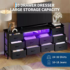 Commode de 160 cm avec 10 tiroirs en tissu, prise électrique, éclairage LED et support TV pour téléviseurs de 65 à 75 pouces