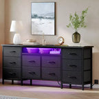 Commode de 160 cm avec 10 tiroirs en tissu, prise électrique, éclairage LED et support TV pour téléviseurs de 65 à 75 pouces
