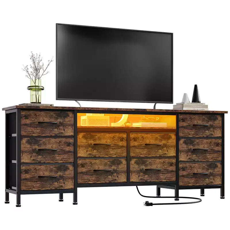 63-Inch Dresser with 10 Fabric Drawers, Power Outlet, LED Light and TV Stand for 65–75 Inch TVs