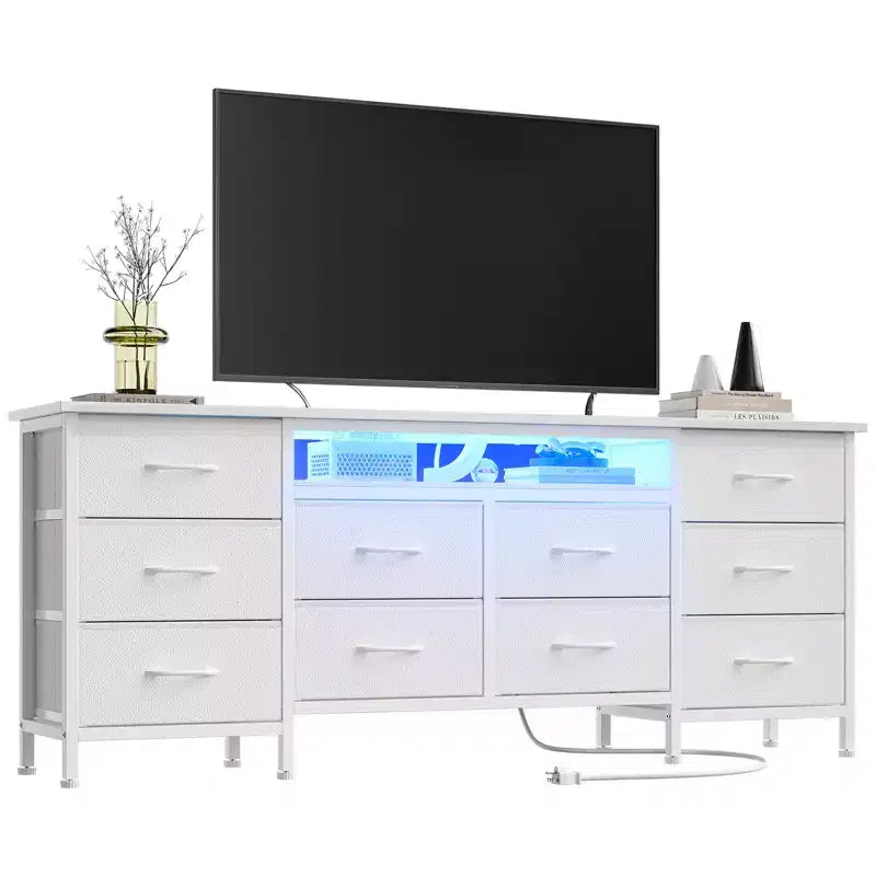 63-Inch Dresser with 10 Fabric Drawers, Power Outlet, LED Light and TV Stand for 65–75 Inch TVs