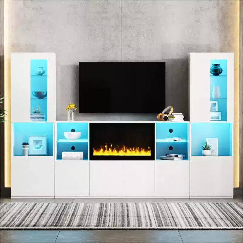Meuble TV avec lumières LED et cheminée électrique pour téléviseurs jusqu'à 75 pouces