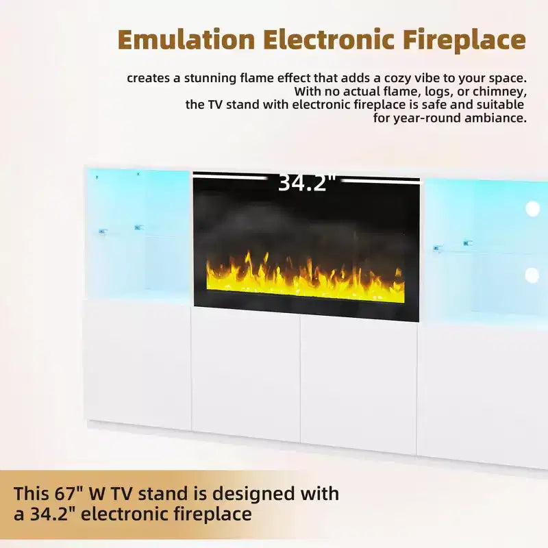 Meuble TV avec lumières LED et cheminée électrique pour téléviseurs jusqu'à 75 pouces
