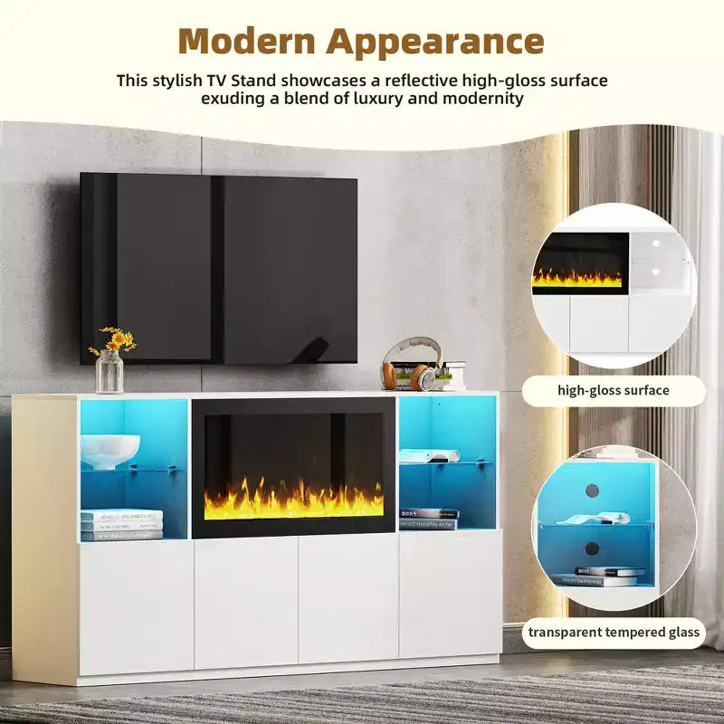 Meuble TV avec lumières LED et cheminée électrique pour téléviseurs jusqu'à 75 pouces