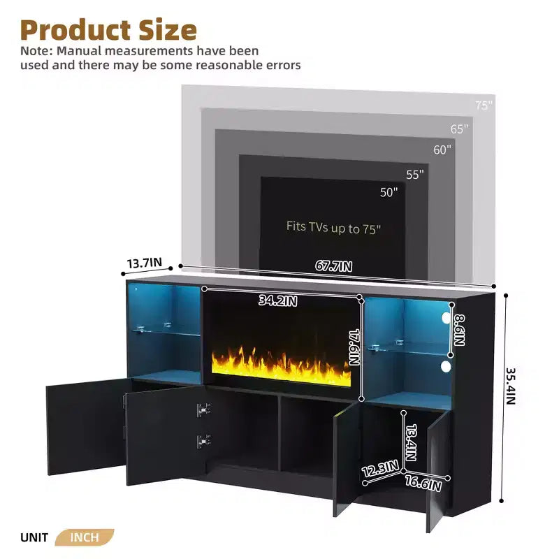 TV Stand with LED Lights and Electric Fireplace for TVs up to 75 Inches
