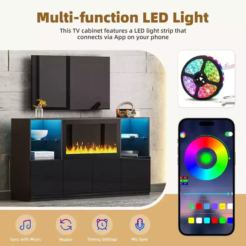 Meuble TV avec lumières LED et cheminée électrique pour téléviseurs jusqu'à 75 pouces
