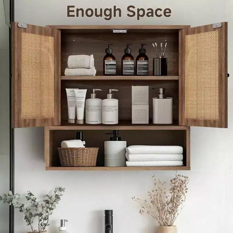 Wall-Mounted Rattan Cabinet with Double Doors and 3 Shelves