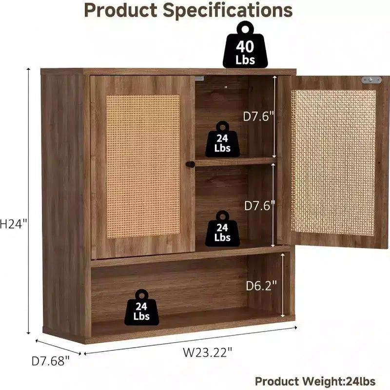 Wall-Mounted Rattan Cabinet with Double Doors and 3 Shelves