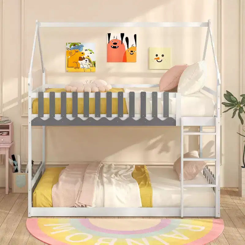 Twin Over Twin House Bunk Bed with Fence Guardrails and Ladder, Solid Wood, White