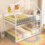 Twin Over Twin House Bunk Bed with Fence Guardrails and Ladder, Solid Wood, White