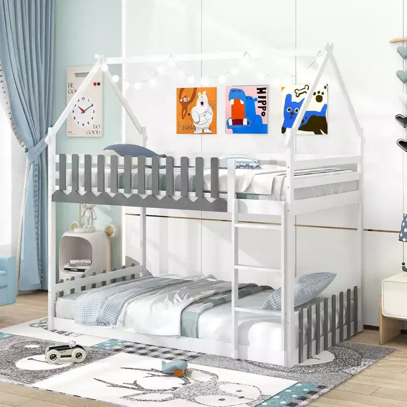 Twin Over Twin House Bunk Bed with Fence Guardrails and Ladder, Solid Wood, White
