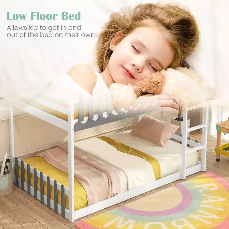 Twin Over Twin House Bunk Bed with Fence Guardrails and Ladder, Solid Wood, White