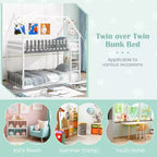 Twin Over Twin House Bunk Bed with Fence Guardrails and Ladder, Solid Wood, White