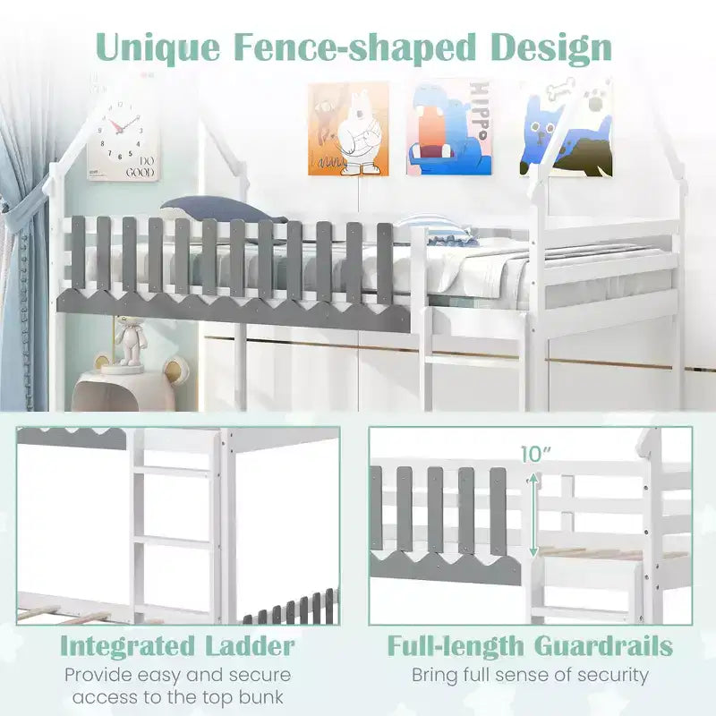 Twin Over Twin House Bunk Bed with Fence Guardrails and Ladder, Solid Wood, White