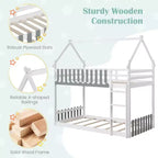 Twin Over Twin House Bunk Bed with Fence Guardrails and Ladder, Solid Wood, White
