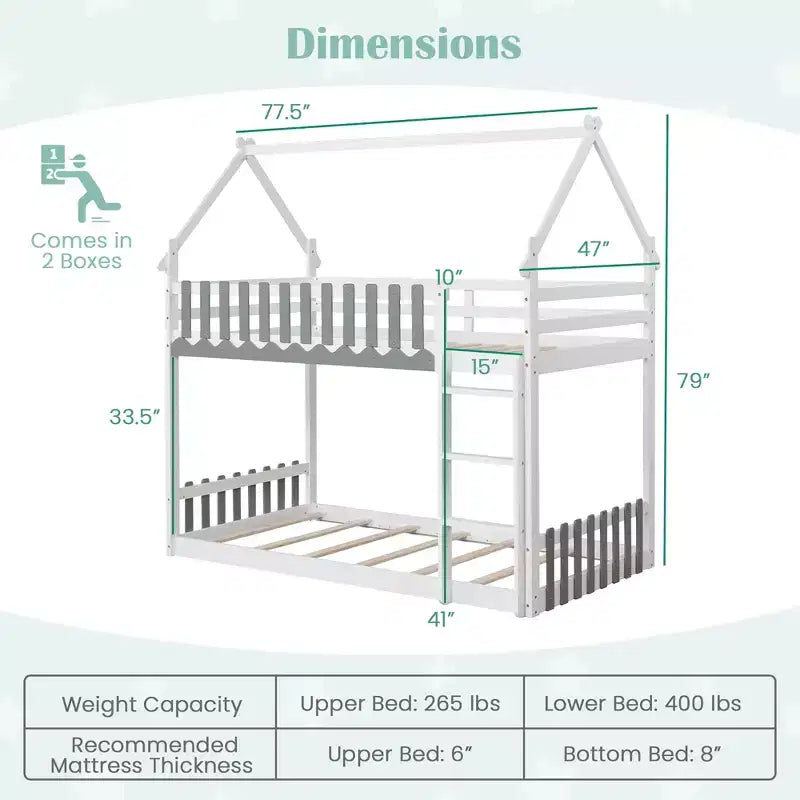 Twin Over Twin House Bunk Bed with Fence Guardrails and Ladder, Solid Wood, White