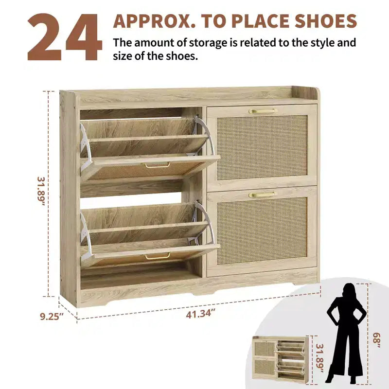 Rattan Shoe Storage Cabinet with 4 Flip Drawers, Wide Freestanding Wood Shoe Organizer Cabinet
