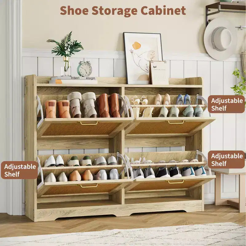 Meuble à chaussures en rotin avec 4 tiroirs basculants, meuble à chaussures large en bois autoportant