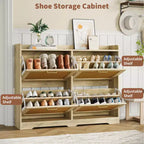 Meuble à chaussures en rotin avec 4 tiroirs basculants, meuble à chaussures large en bois autoportant