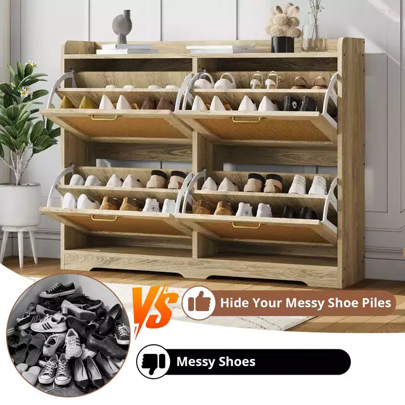 Meuble à chaussures en rotin avec 4 tiroirs basculants, meuble à chaussures large en bois autoportant