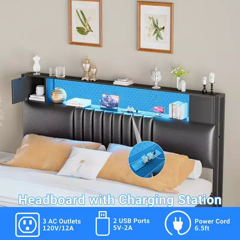 Storage Headboard with Charging Station and LED Light