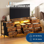 Commode de 178 cm avec 13 tiroirs en tissu et lumières LED, meuble TV large avec cadre en métal pour chambre et salon