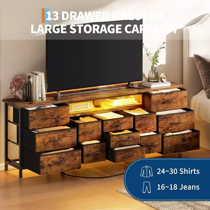 Commode de 178 cm avec 13 tiroirs en tissu et lumières LED, meuble TV large avec cadre en métal pour chambre et salon