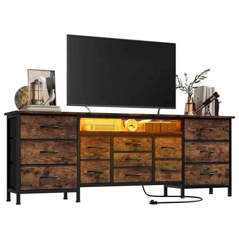 Commode de 178 cm avec 13 tiroirs en tissu et lumières LED, meuble TV large avec cadre en métal pour chambre et salon