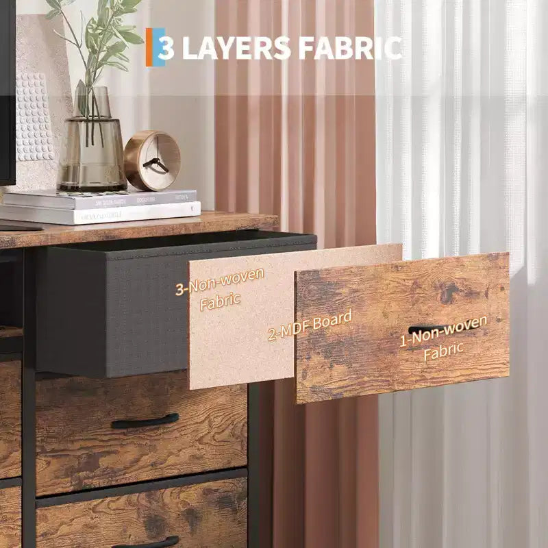 Commode de 178 cm avec 13 tiroirs en tissu et lumières LED, meuble TV large avec cadre en métal pour chambre et salon