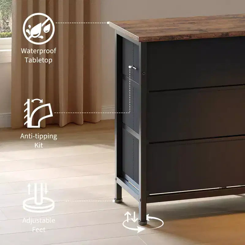 Commode de 178 cm avec 13 tiroirs en tissu et lumières LED, meuble TV large avec cadre en métal pour chambre et salon