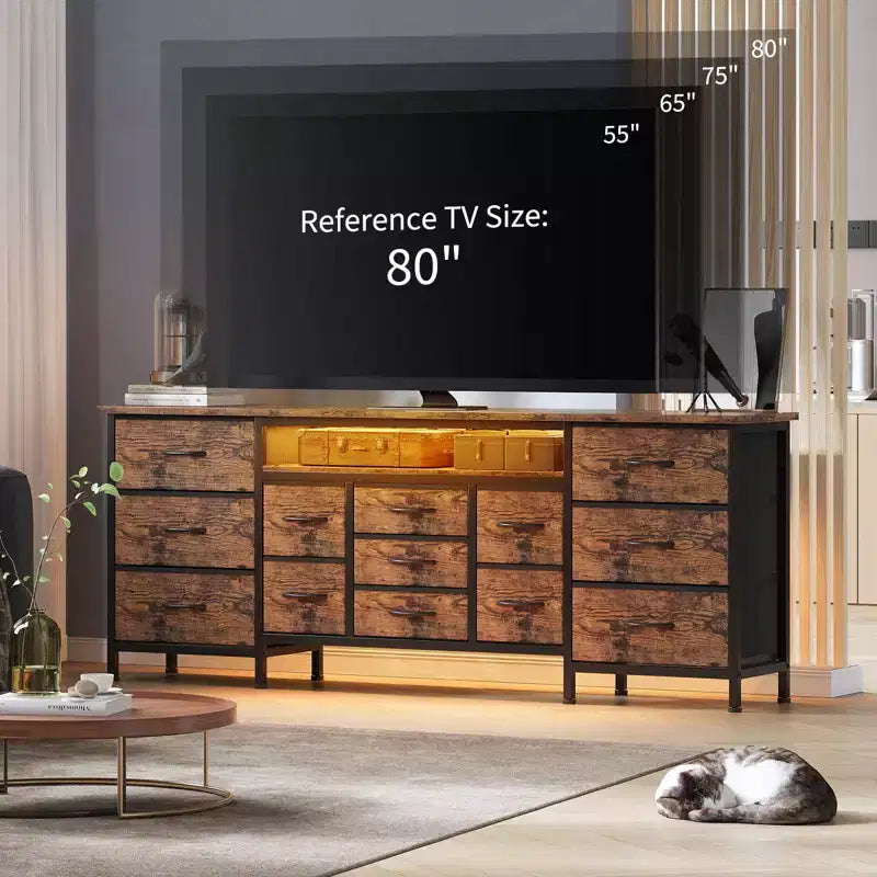 Commode de 178 cm avec 13 tiroirs en tissu et lumières LED, meuble TV large avec cadre en métal pour chambre et salon