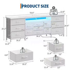 Commode de 178 cm avec 13 tiroirs en tissu et lumières LED, meuble TV large avec cadre en métal pour chambre et salon
