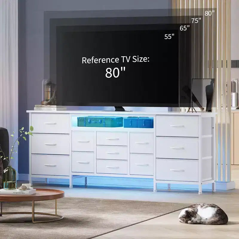 Commode de 178 cm avec 13 tiroirs en tissu et lumières LED, meuble TV large avec cadre en métal pour chambre et salon