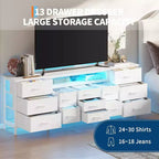 Commode de 178 cm avec 13 tiroirs en tissu et lumières LED, meuble TV large avec cadre en métal pour chambre et salon