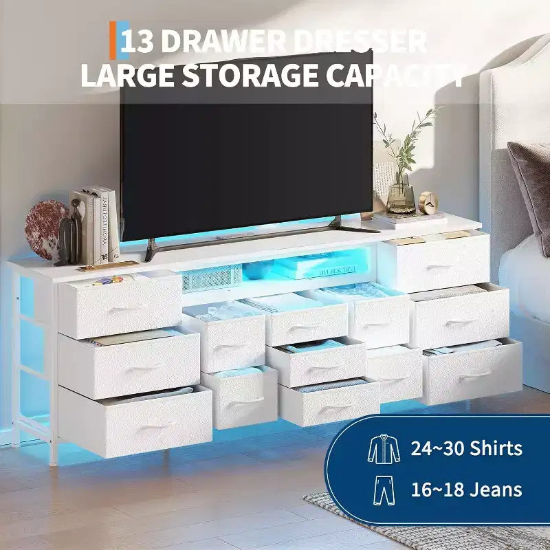 Commode de 178 cm avec 13 tiroirs en tissu et lumières LED, meuble TV large avec cadre en métal pour chambre et salon